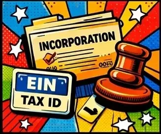 decorative illustration showing articles of incorporation and tax id number